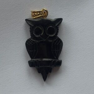 Onyx Black Owl Pendant Charm with Gold Bail